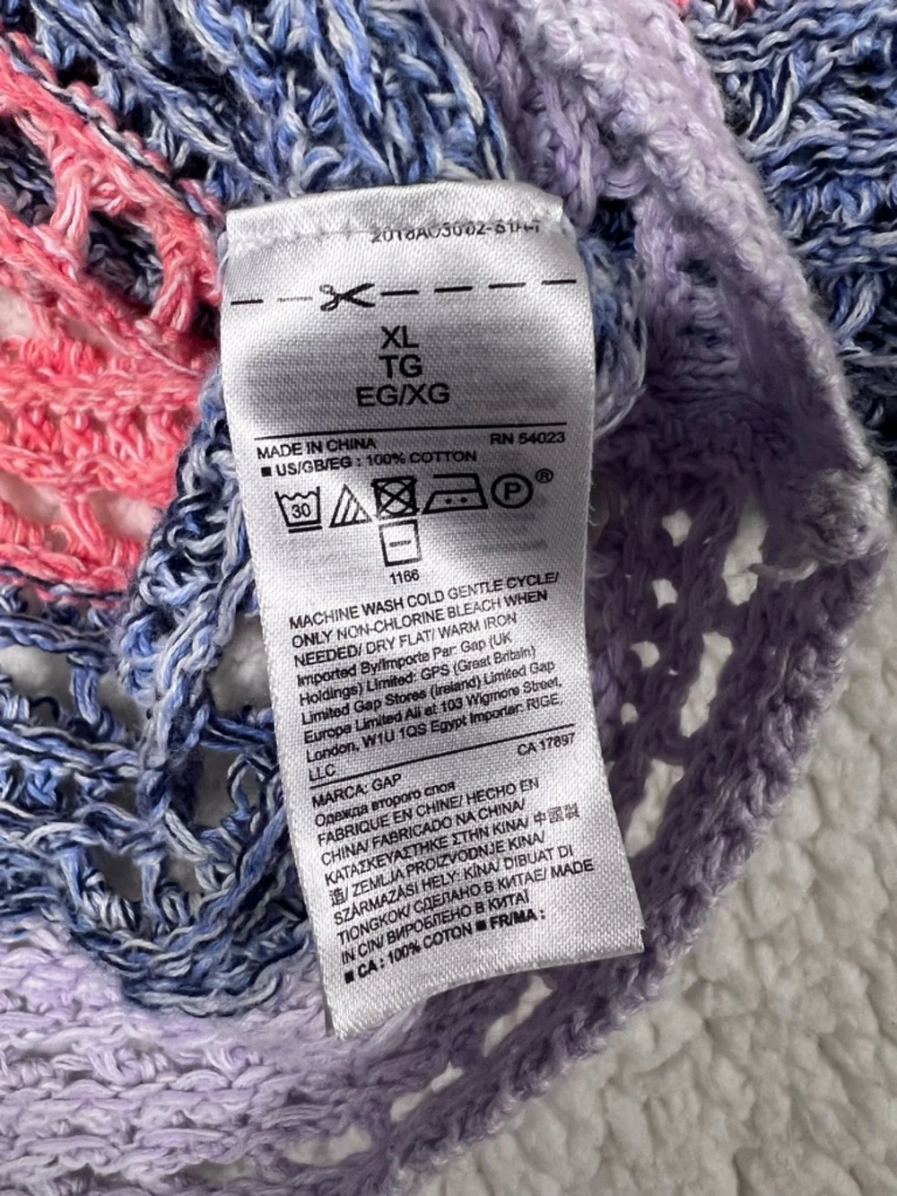 GAP Wide Sleeve Crochet 100% cotton Crew Sweater in Pink Multi XL